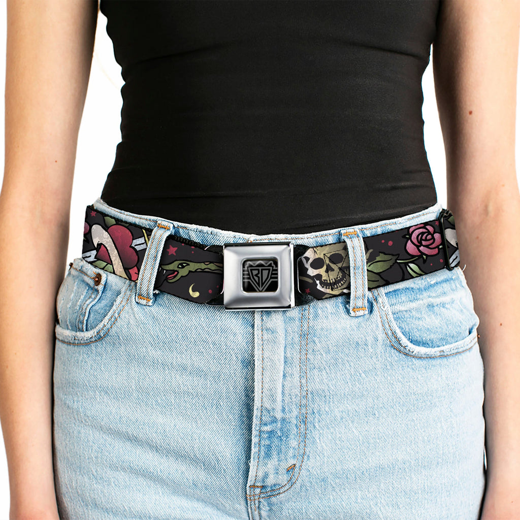 BD Wings Logo CLOSE-UP Full Color Black Silver Seatbelt Belt - Live Hard Die Young CLOSE-UP Black Webbing