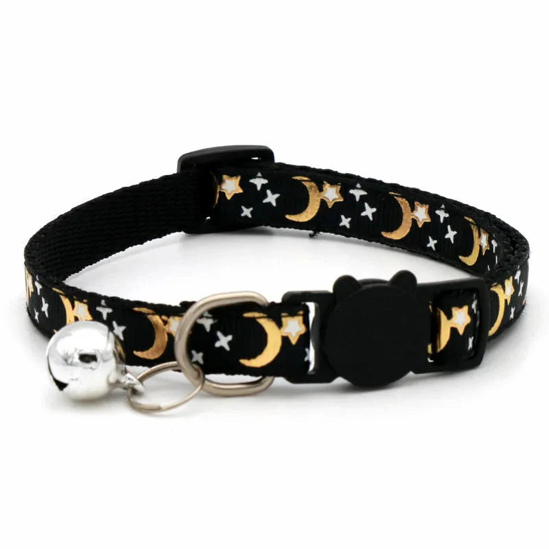 Cat Collar with Bell – Adjustable Star & Moon Pet Necklace black Adjust 19-32cm