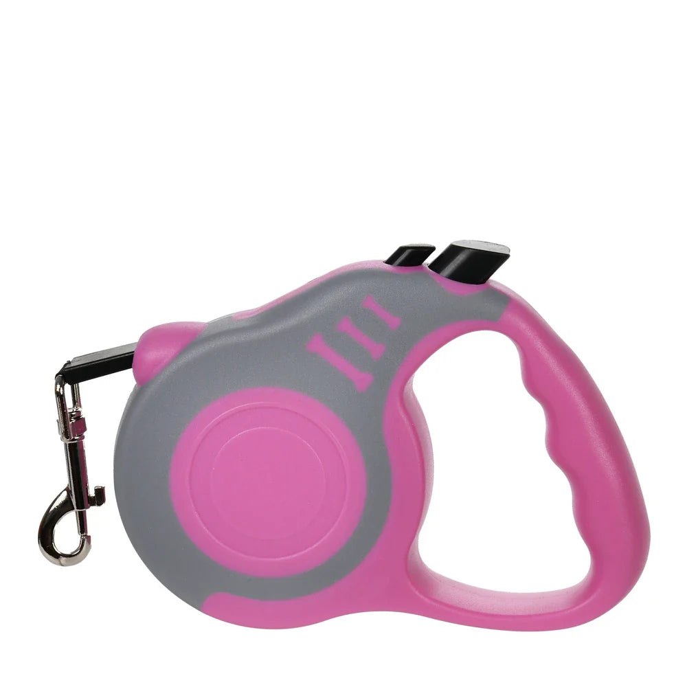 Retractable Dog Leash 3m/5m (9.8ft/16.4ft) Nylon Rope with Quick-Release ABS Case and Paw Print Keychain Gray Pink
