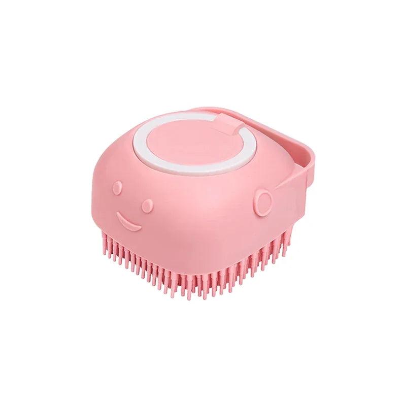 Dog & Cat Silicone Bath Brush with Shampoo Dispenser — Soft Rubber Bristles for Grooming & Massage 1x Pink