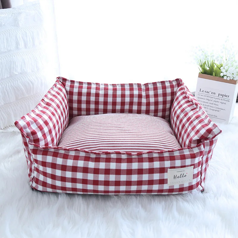 Striped Cotton Pet Bed Sofa for Cats & Small Dogs — Indoor Puppy Kennel (S/M) 50x40x20cm & 60x50x20cm (19.6x15.7x7.8 in & 23.6x19.6x7.8 in) Red China Mainland