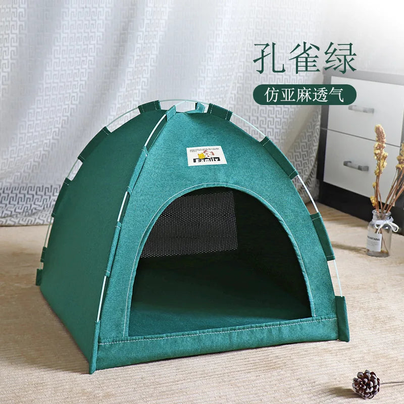 Removable Pet Tent Bed Semi-Enclosed Fleece Cat & Small Dog Sofa Basket Cozy Cave Sleeping Bed for Indoor Room Decor Green