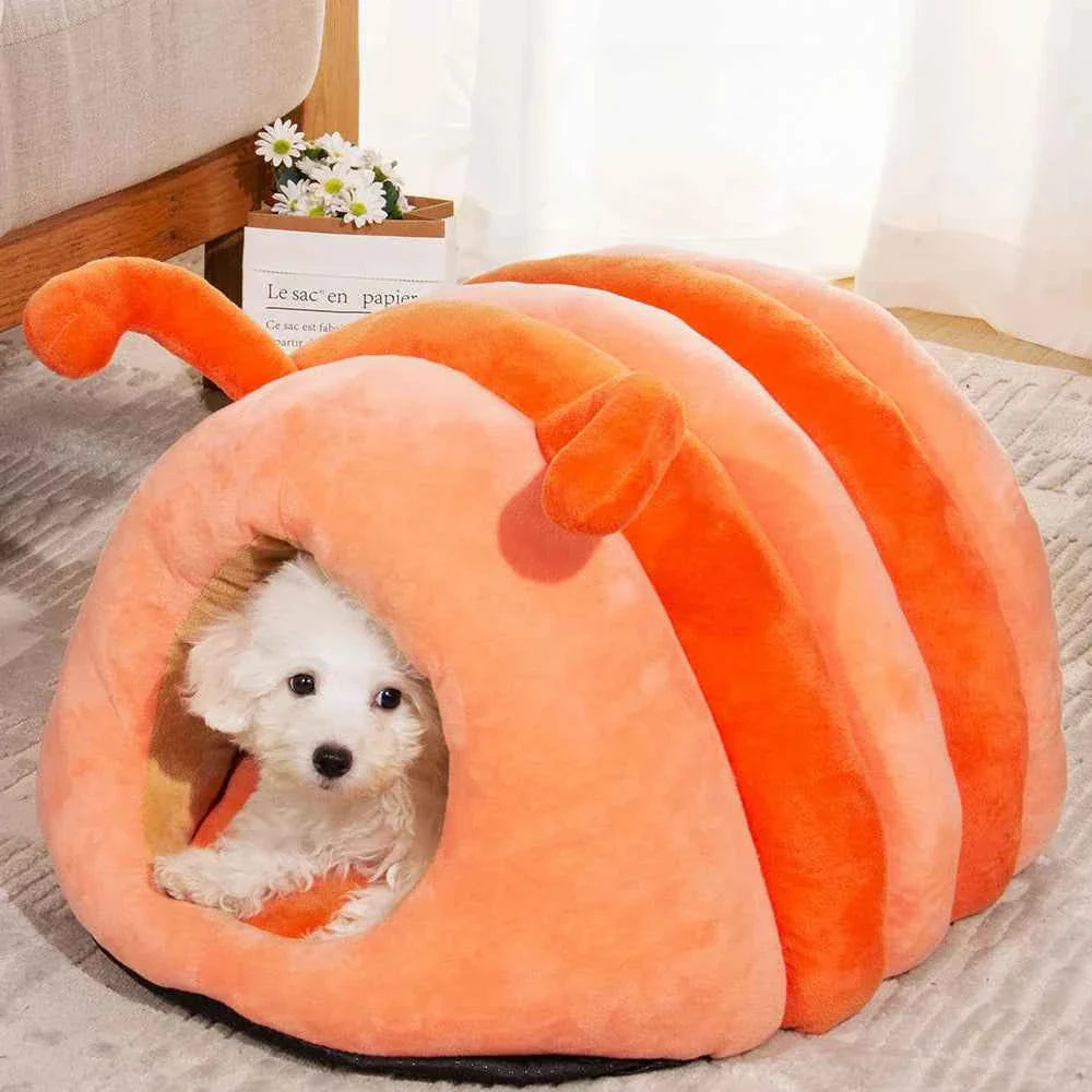 Kawaii Cartoon Caterpillar Pet Bed (Up to 23.6 in) - Warm Soft Plush Cat/Dog House Orange