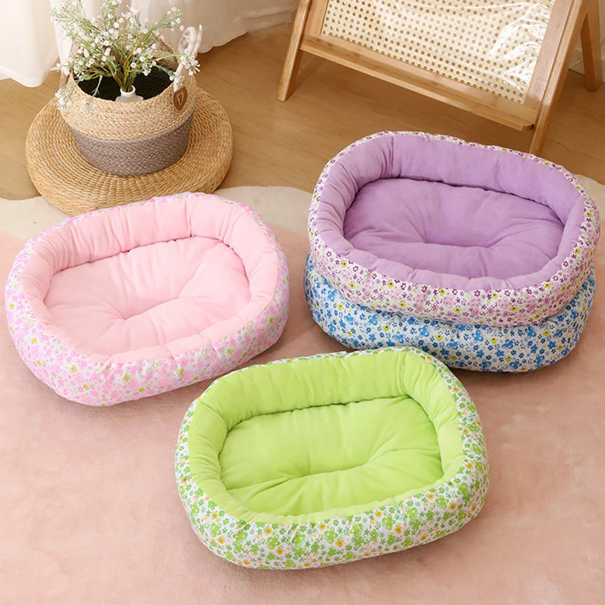 Floral All-Season Dog & Cat Bed — Soft Puppy Pad Sofa for French Bulldog Chihuahua, Sizes S/M/L, 4 Colors