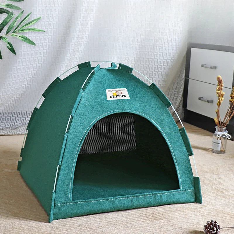 Foldable Cat & Small Dog Tent Bed — Portable Breathable Plush Pet House with Summer Cooling Mat