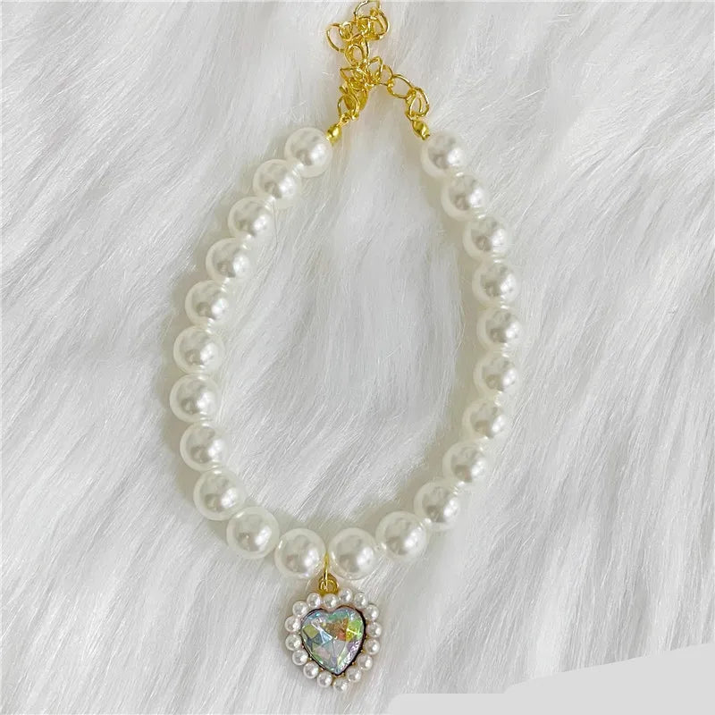 New Pet Collar Pearl Love Necklace Cat Jewelry Cute Collar Puppy Accessories Dog Chain Chihuahua Wedding Jewelry Stuff transparent