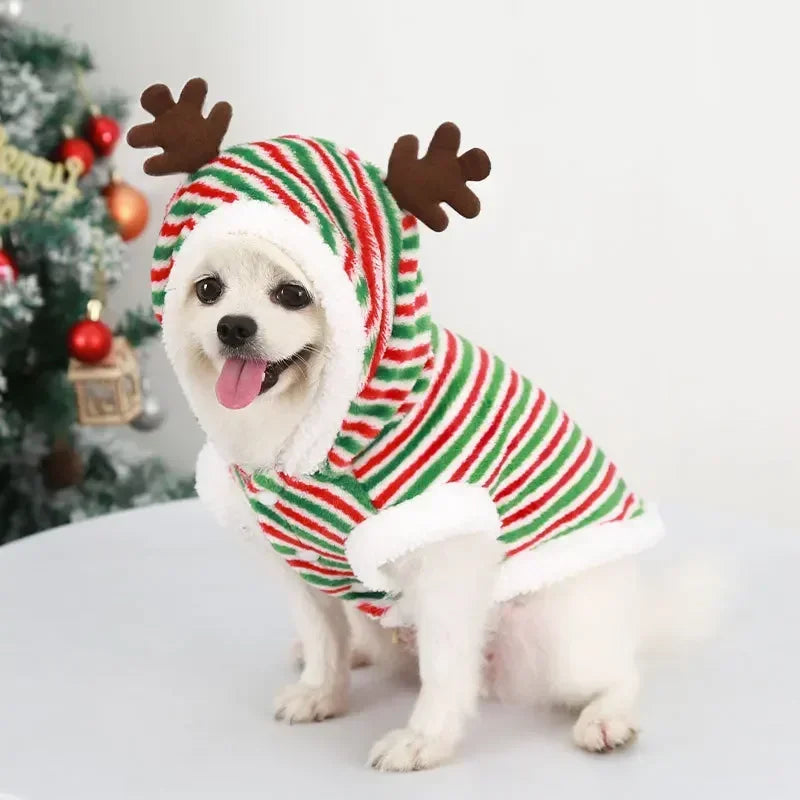 Christmas Dog Hoodie Reindeer & Santa Fleece Coat Winter Warm Pet Jacket for Small to Medium Dogs XS-2XL Stripe