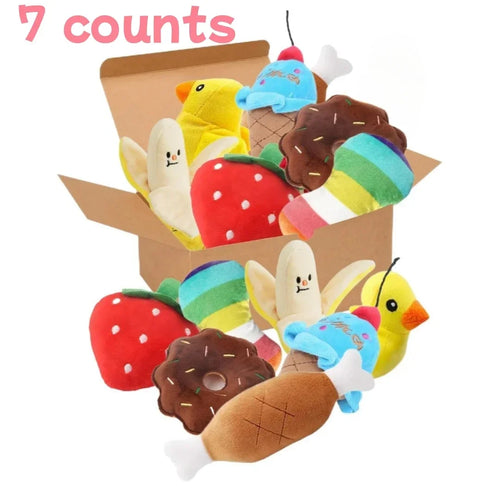 7-Piece Plush Puppy Squeaky Toy Set – Fruit & Vegetable Chew Toys for Dogs