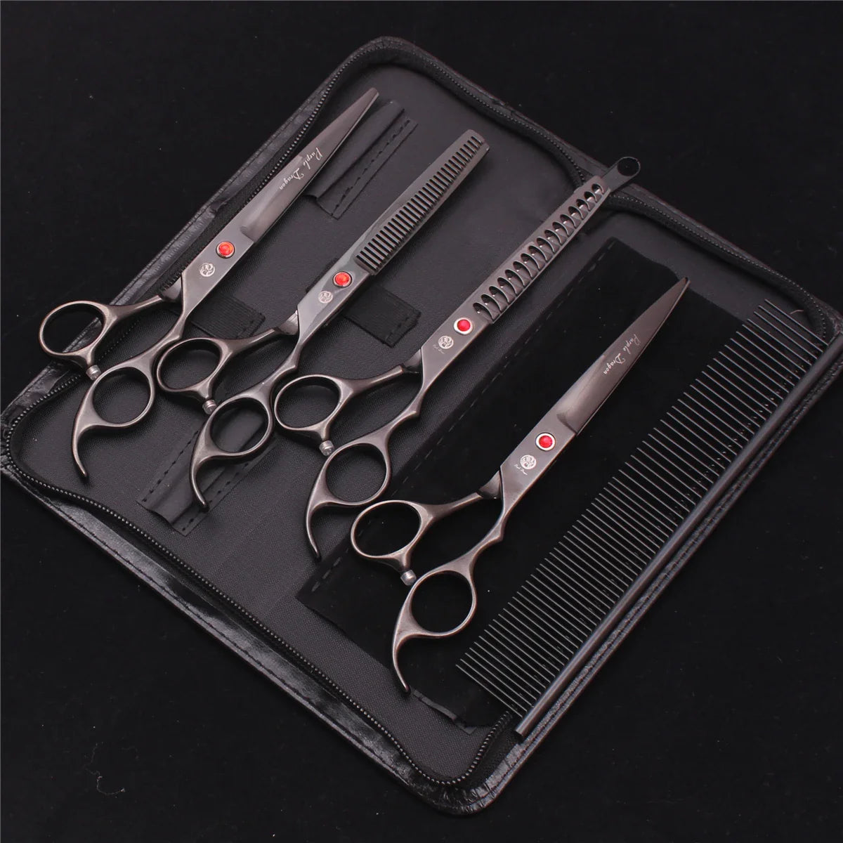 7-Inch (19.5 cm) Stainless Steel Pet Grooming Scissors Kit – Straight, Thinning, Chunker & Curved Shears Z3003-Hei-D5
