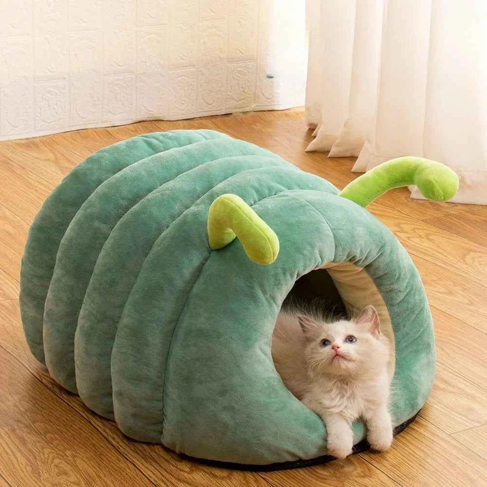 Kawaii Cartoon Caterpillar Pet Bed (Up to 23.6 in) - Warm Soft Plush Cat/Dog House Green