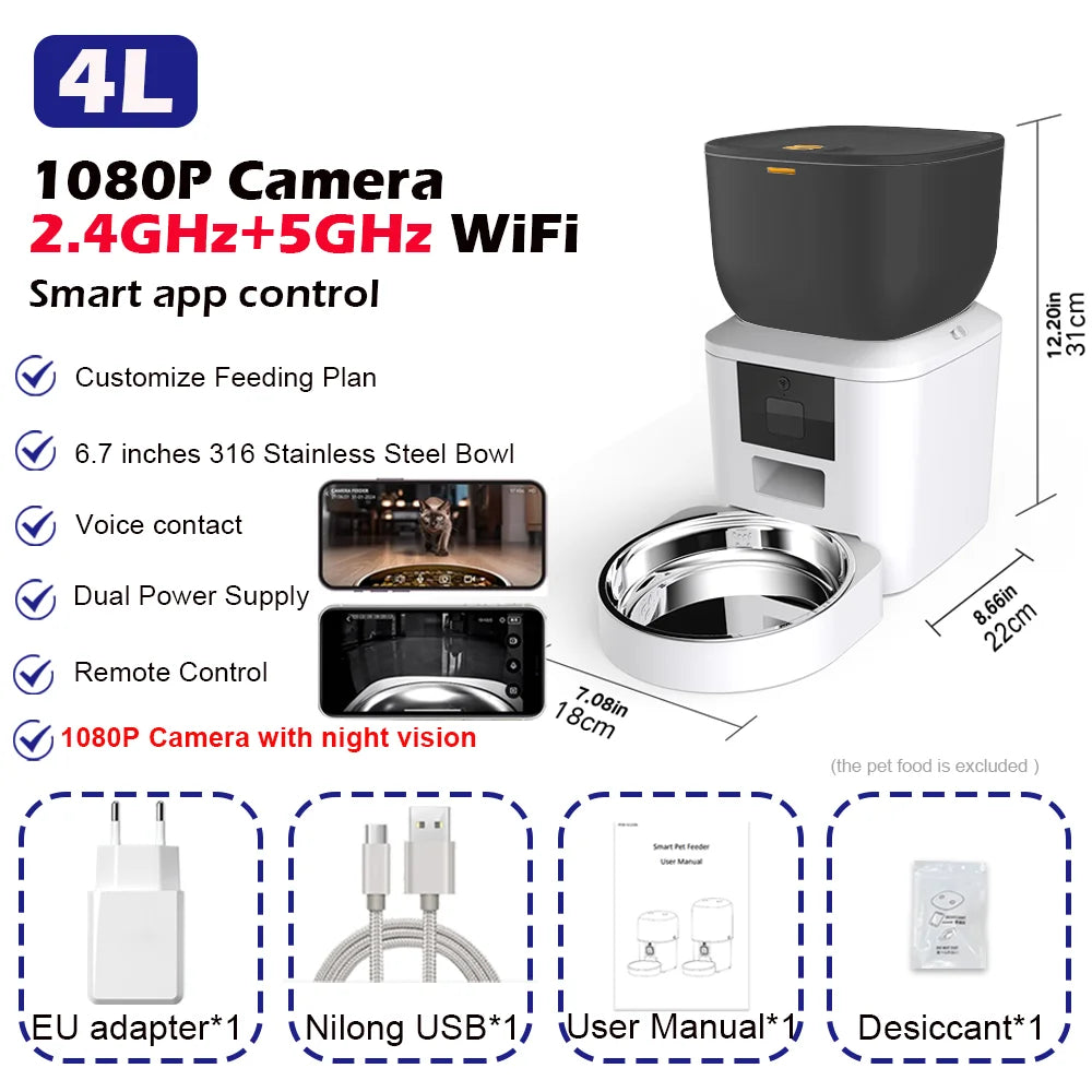 Furpipi 8L Smart Automatic Cat Feeders with 1080P HD Camera 5G WiFi Pet Feeder Tuya APP Control Automatic Cat Dog Food Dispenser 4L 5G HD Bowl x1 W Food-grade ABS