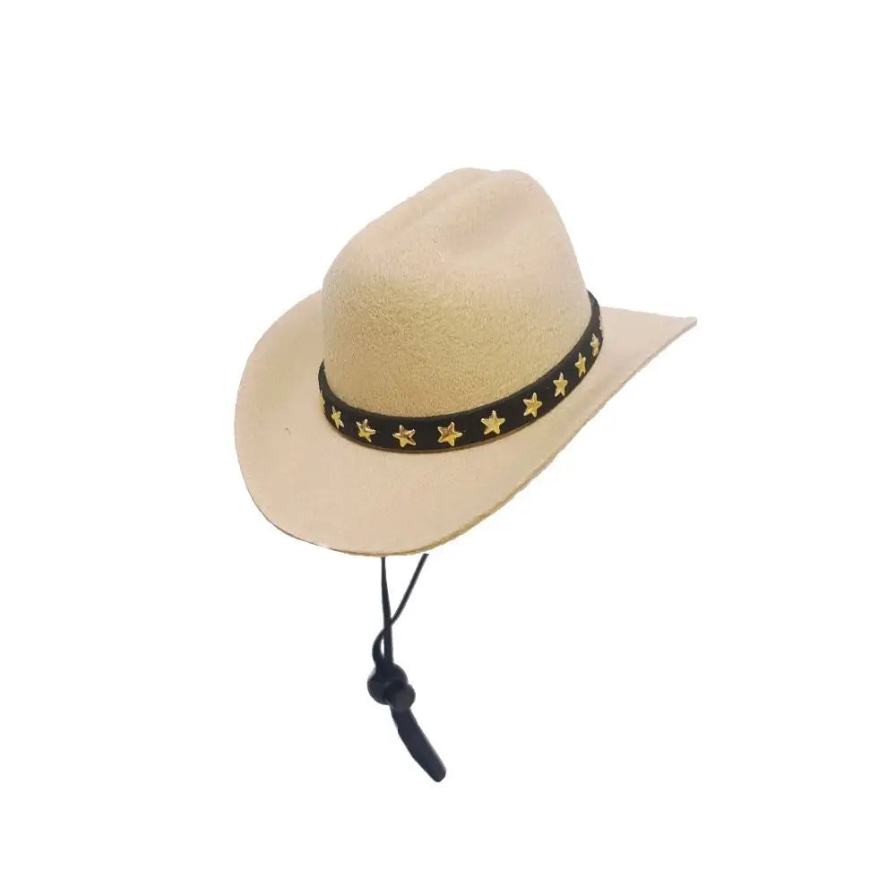 Adjustable Pet Cowboy Hat for Small Dogs & Cats – Funny Western Headwear, Summer Costume Accessory (5.3×4.3×2.4 in / 13.5×11×6 cm) beige-star