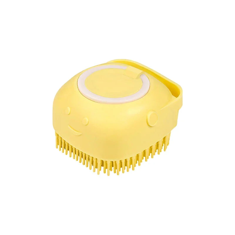 Dog & Cat Silicone Bath Brush with Shampoo Dispenser — Soft Rubber Bristles for Grooming & Massage 1x Yellow