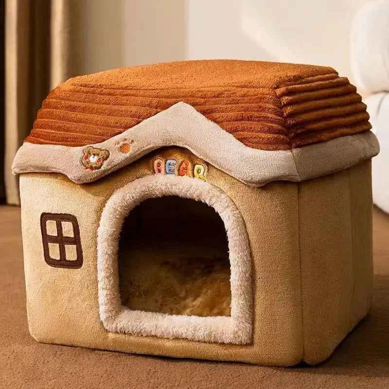 Kawaii Foldable Pet Castle House (Up to 19.3 in) - Soft Detachable Washable Cat Cave Nest Brown
