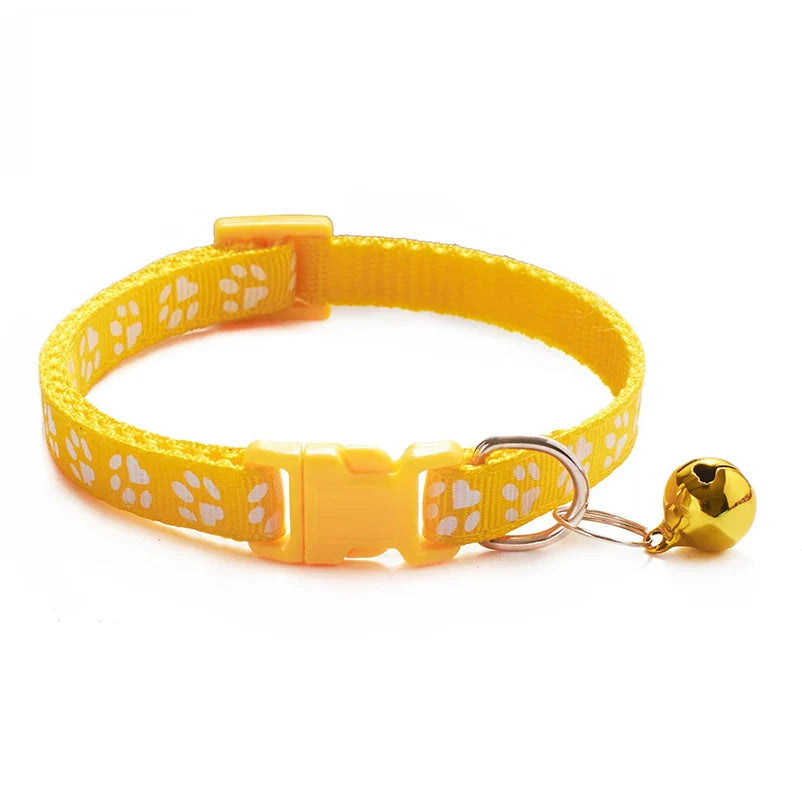 Adjustable Cat Collar with Bell and D-Ring, Dog-Print Rope Necklace, Multiple Colors S yellow