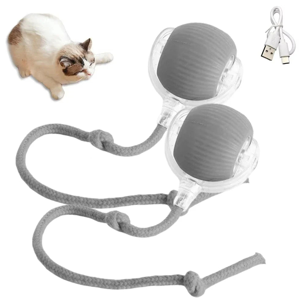 Rechargeable Interactive Rolling Cat Toy with Faux Tail - Motion-Activated Ball for Cats & Small Dogs 2PC Grey