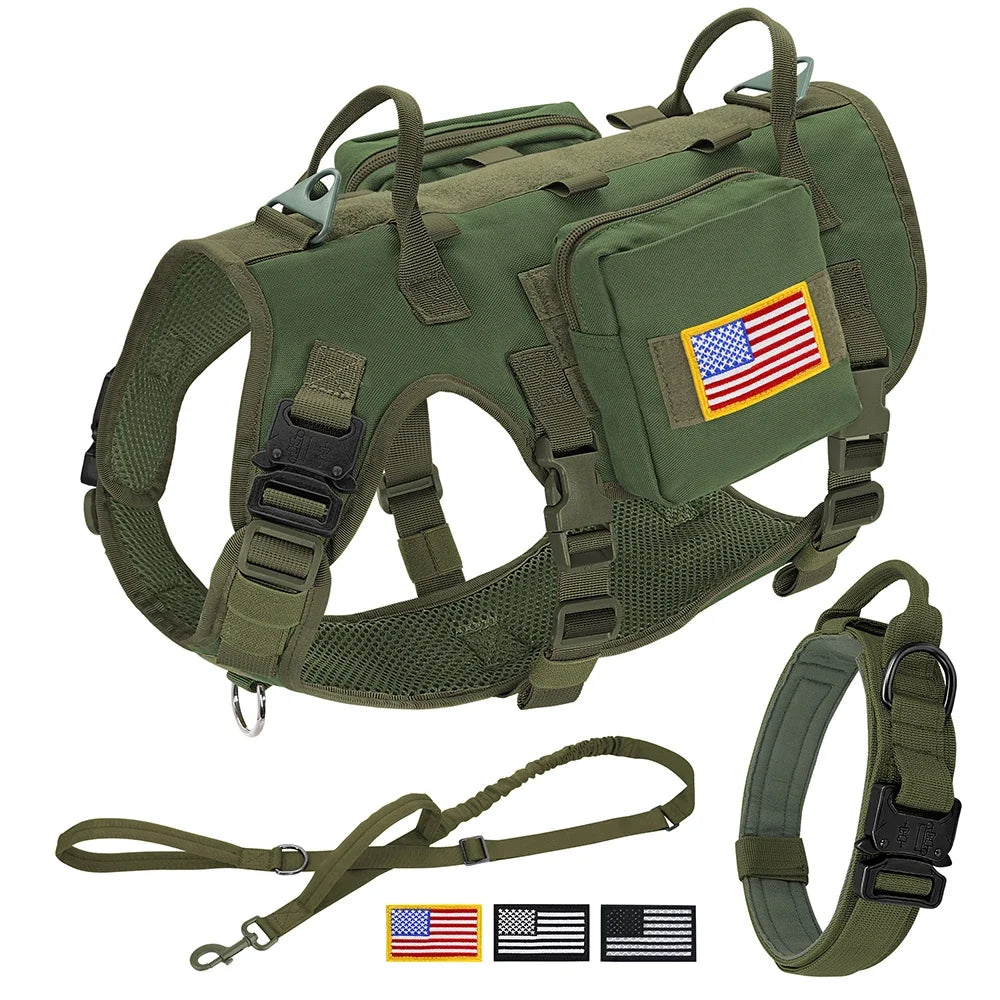 Tactical Dog Harness Collar Leash Set Military Training Pet Vest with Pouches Flags Durable Collars for Big Dogs German Shepherd green