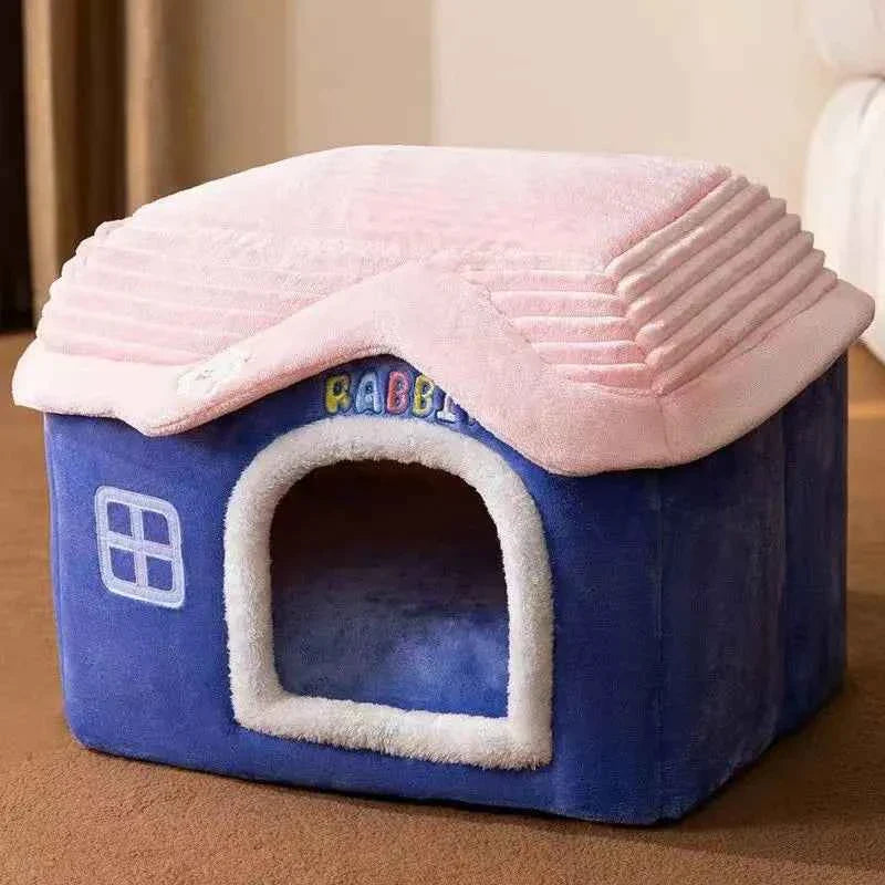 Kawaii Foldable Pet Castle House (Up to 19.3 in) - Soft Detachable Washable Cat Cave Nest Blue