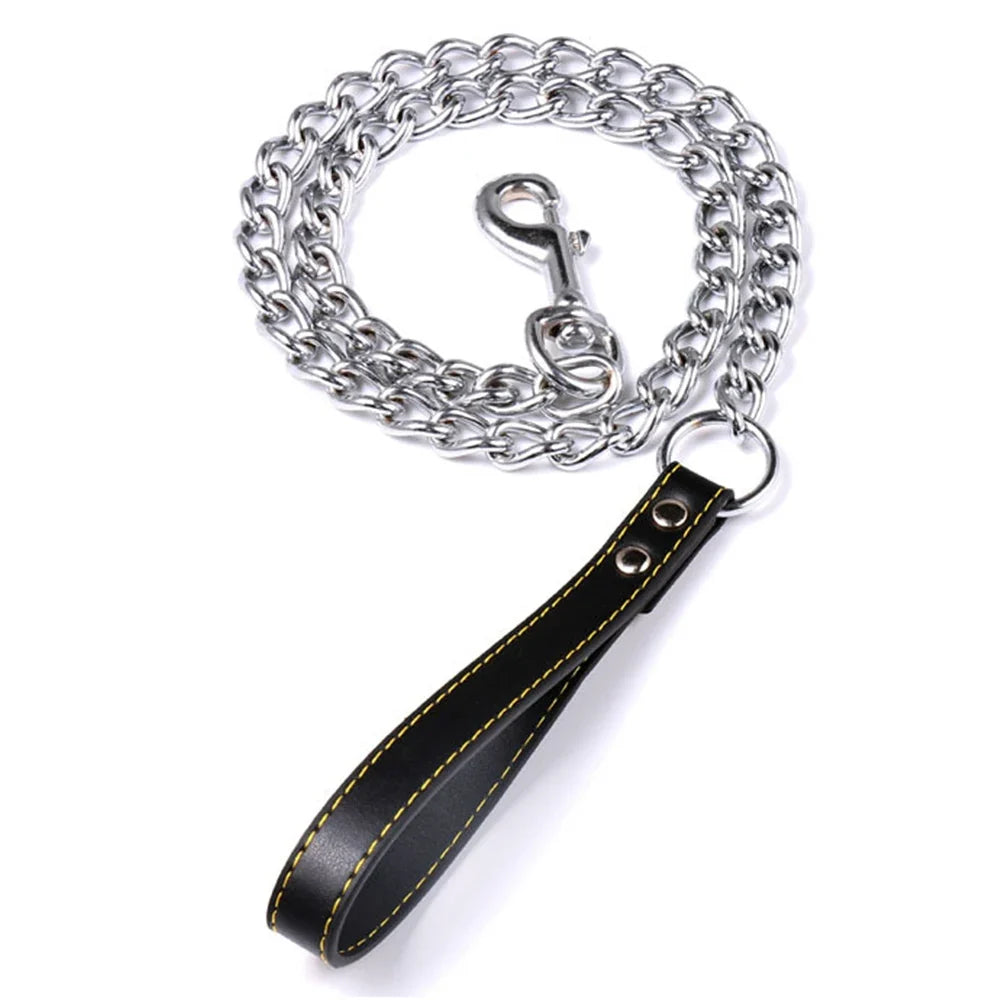 Metal Chain Dog Lead with Leather Style Handle Strong Control Leash Iron Dog Pets Supplies Collars Harnesses Chain Traction Rope black