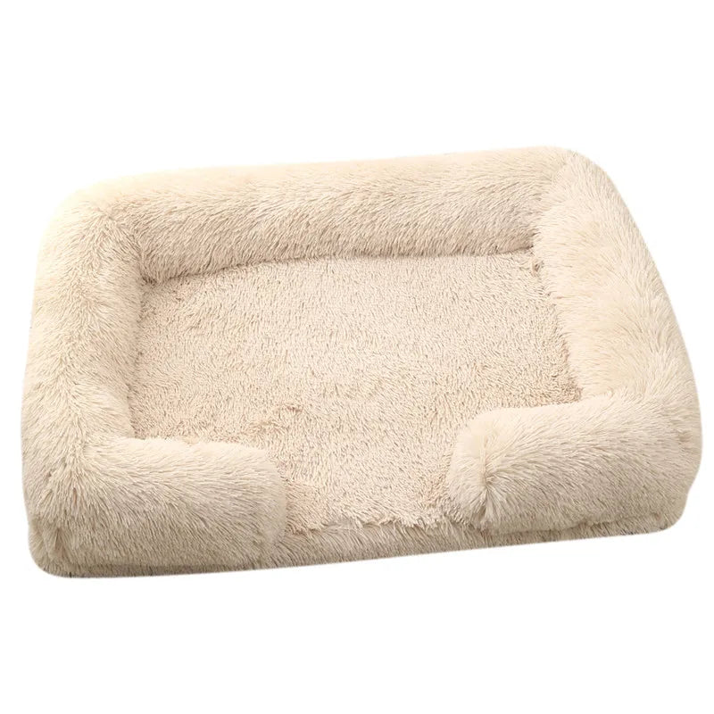 Plush Dog Bed with Removable Cover – Thickened Winter Pet Sofa Pad, Square, Small & Large Light Brown