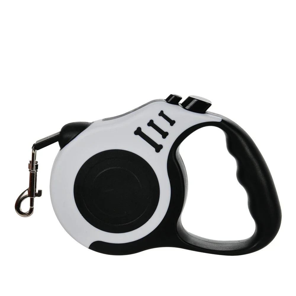 Retractable Dog Leash 3m/5m (9.8ft/16.4ft) Nylon Rope with Quick-Release ABS Case and Paw Print Keychain Gray White