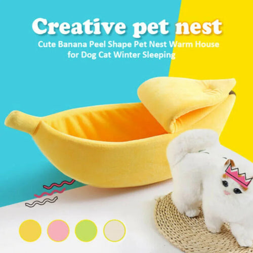 Banana-Shaped Plush Pet Bed – Cozy Cat & Small Dog House, Small (40×12×19 cm / 15.7×4.7×7.5 in) & Medium (51×14×20 cm / 20.1×5.5×7.9 in) – Yellow, Pink, Beige, Green
