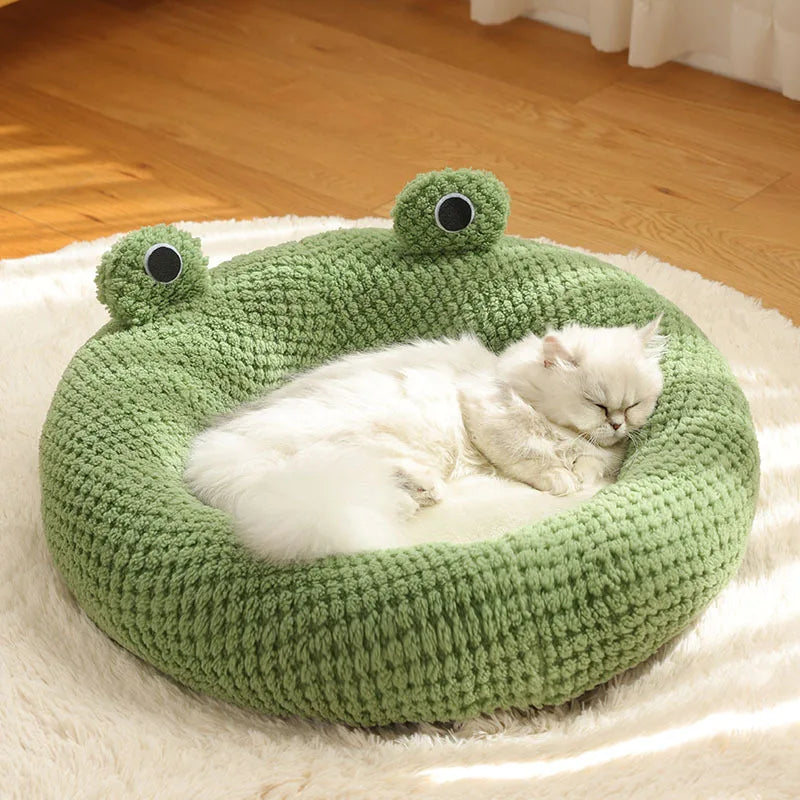 Frog-Shaped Semi-Enclosed Plush Pet Bed – Warm Cat House & Small Dog Den, Cozy Kitten Puppy Nest S Within 10 pounds Circular fossa China Mainland