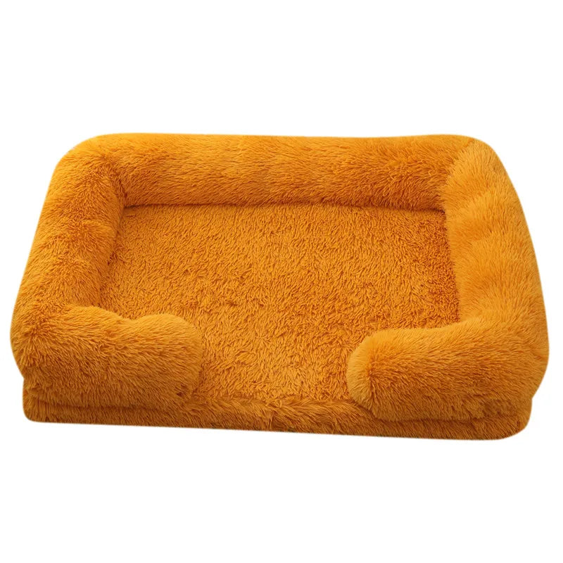 Plush Dog Bed with Removable Cover – Thickened Winter Pet Sofa Pad, Square, Small & Large Yellow