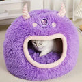 Kawaii Cartoon Monster Pet Bed (Up to 18.9 in) - Fully Enclosed Cat House Winter Warm Purple