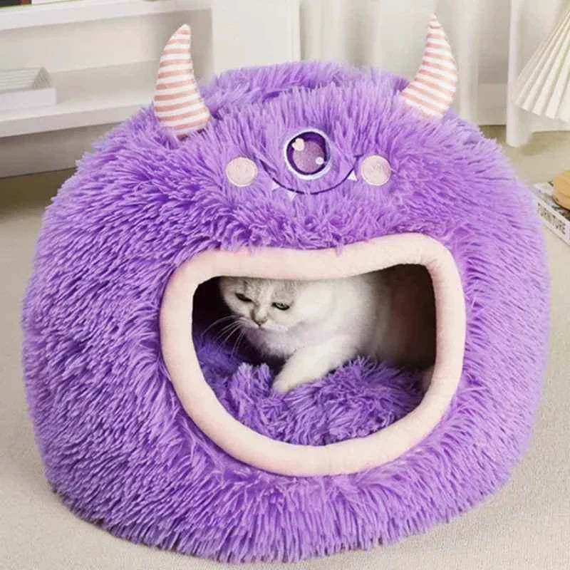 Kawaii Cartoon Monster Pet Bed (Up to 18.9 in) - Fully Enclosed Cat House Winter Warm Purple
