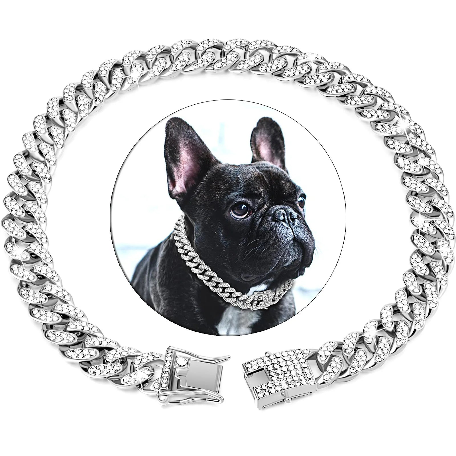 Dog Chain Diamond Cuban Collar Walking Metal Chain Collar with Design Secure Buckle, Pet Cat Cuban Collar Jewelry Accessories Silver