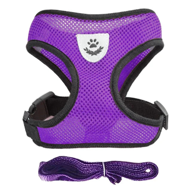 Adjustable Mesh Cat & Small Dog Harness Vest with 1.2m Leash S-XL Breathable Polyester Reflective Purple