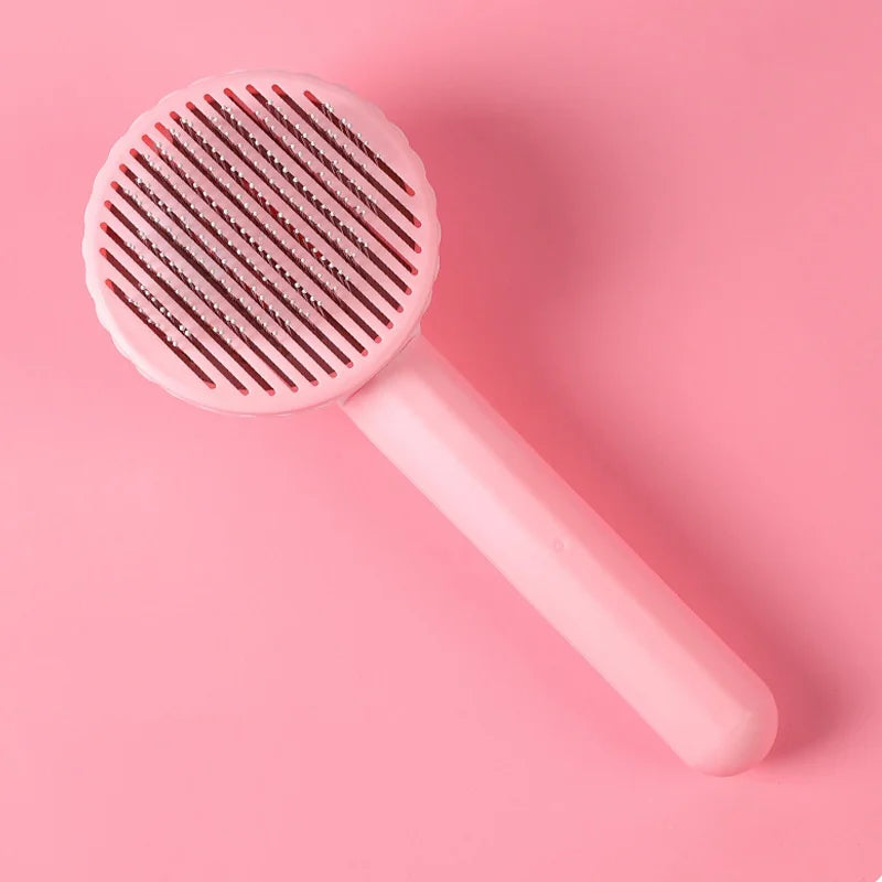 Pet Deshedding Comb | Self Cleaning Needle Brush for Dogs and Cats Pink White
