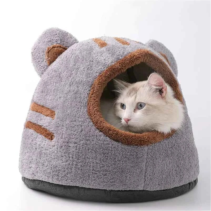 Kawaii Bear Head Cat Bed (Up to 16.9 in) - Cozy Cave Winter Self Warming Kitten Nest Grey