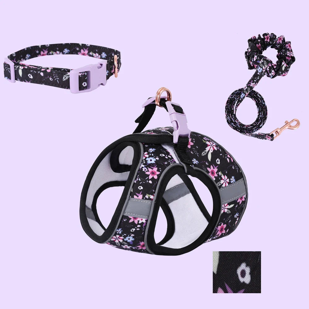 Adjustable Soft Vest Harness & Leash Set for Small & Medium Dogs & Cats – Reflective Printed Puppy Harness with Wrist Leash and Collar Purple 3-piece set