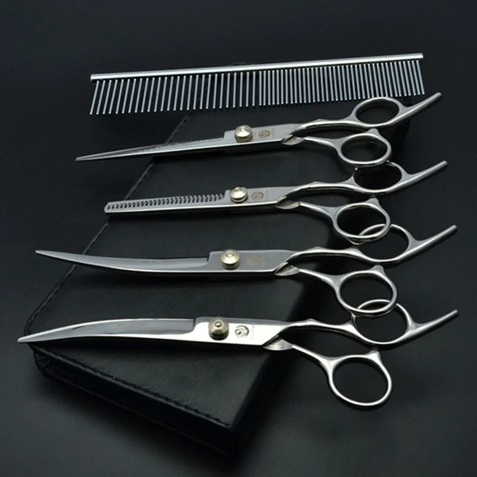 Dog Grooming Scissors Set 6" (15 cm) & 7" (17.5 cm) Stainless Steel Pet Shears — Thinning, Curved & Cutting Z3001-Yin-5P-7Y 7 inch