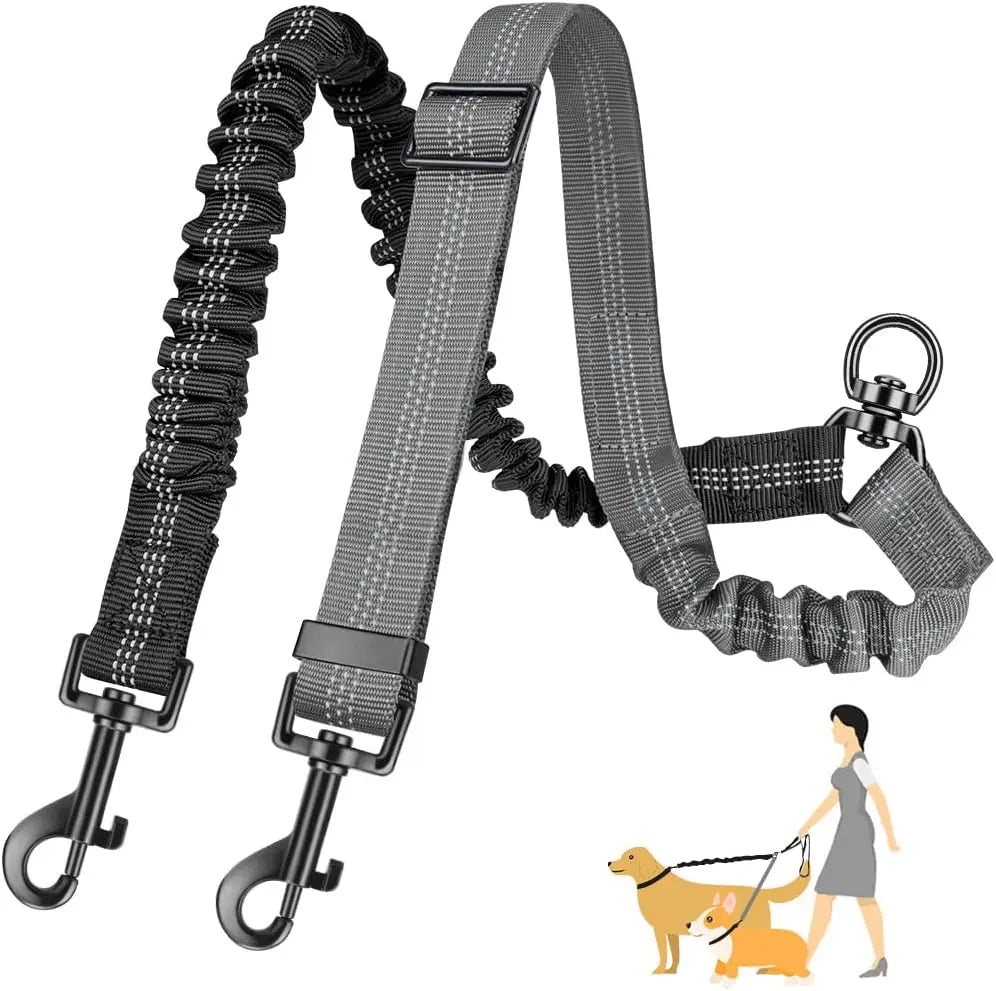 Adjustable Dual Dog Leash Coupler – No-Tangle Shock-Absorbing Bungee Splitter for Two Dogs (16.5–22.4 in / 42–60 cm, Elastic to 31.5 in / 80 cm) GRAY