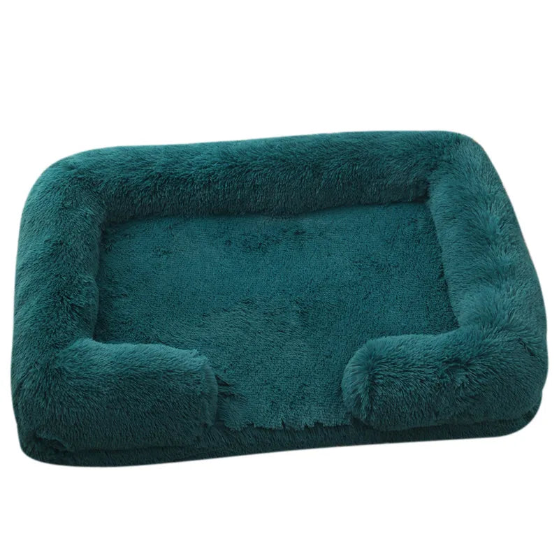 Plush Dog Bed with Removable Cover – Thickened Winter Pet Sofa Pad, Square, Small & Large Turquoise blue