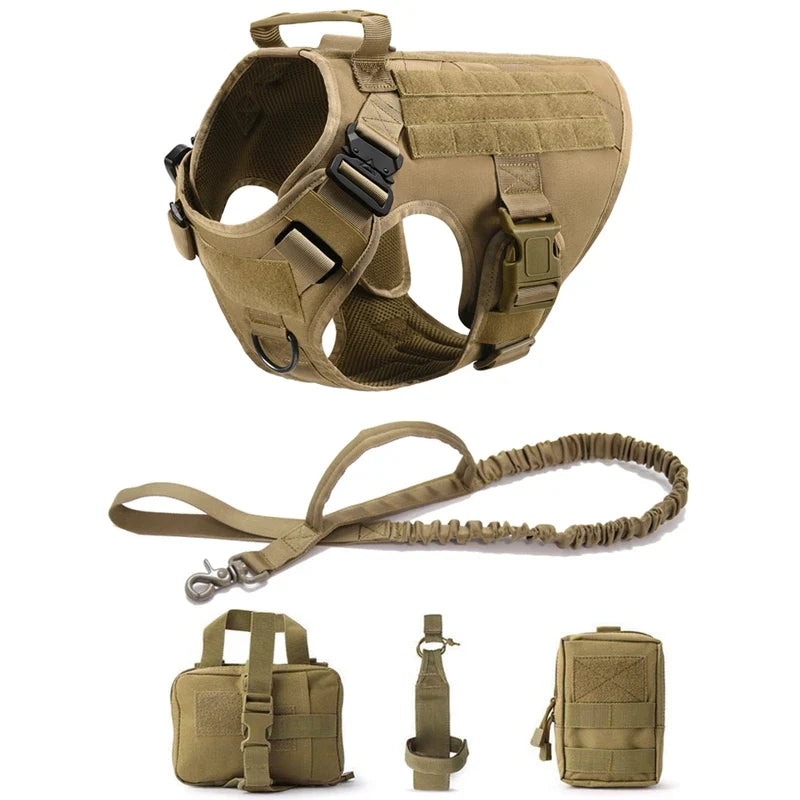 Tactical Military Vest Pet German Shepherd Golden Retriever Tactical Training Dog Harness and Leash Set For All Breeds Dogs Brown 5 piece set