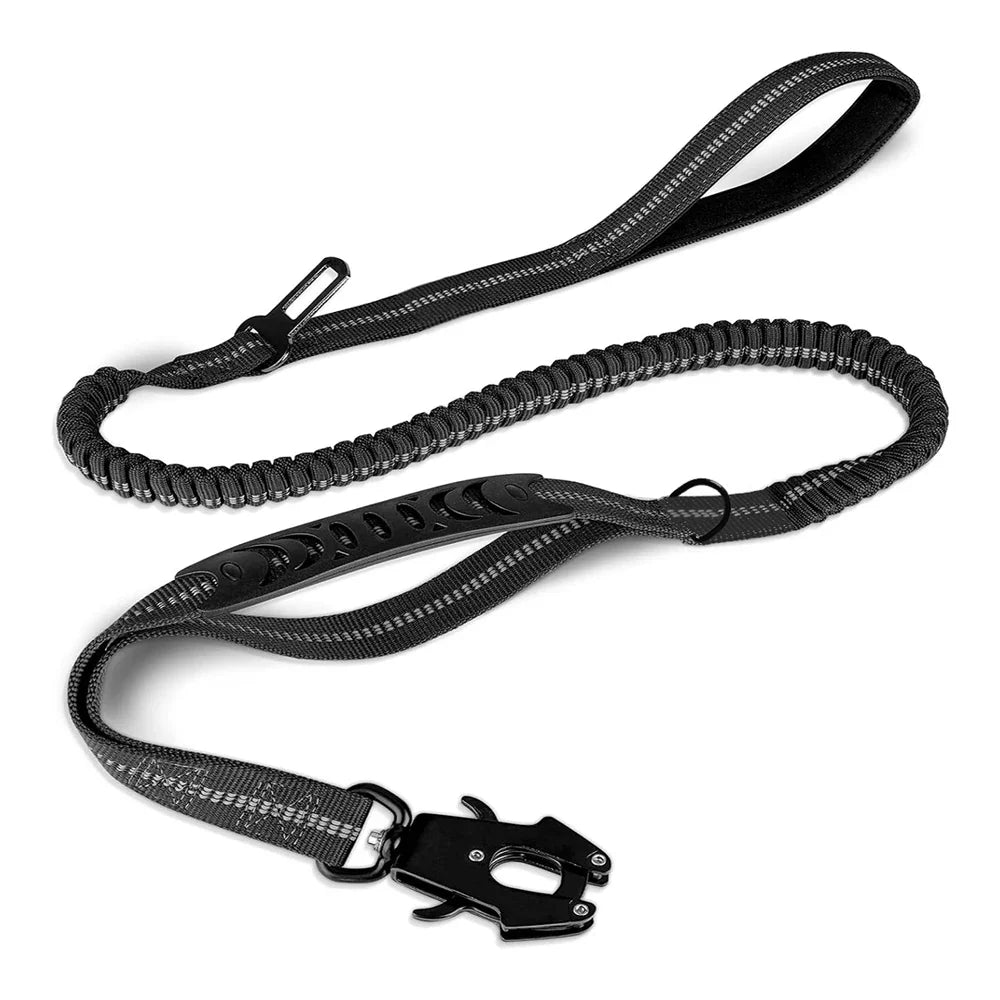 Tactical Dog Leash Heavy Duty, 4-6FT Shock Absorbing Bungee Lead with 2 Padded Handle, Metal Carabiner Clip, Car Seatbelt, Stron black