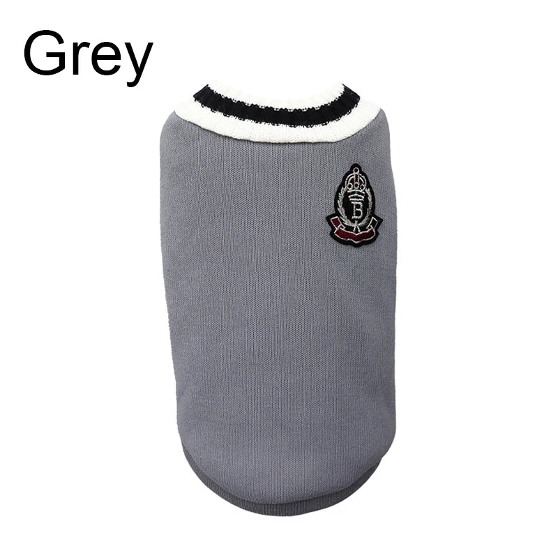 V-Neck Pet Sweater Winter Warm Puppy Vest Knitwear for Small & Medium Dogs & Cats Preppy College Style Grey