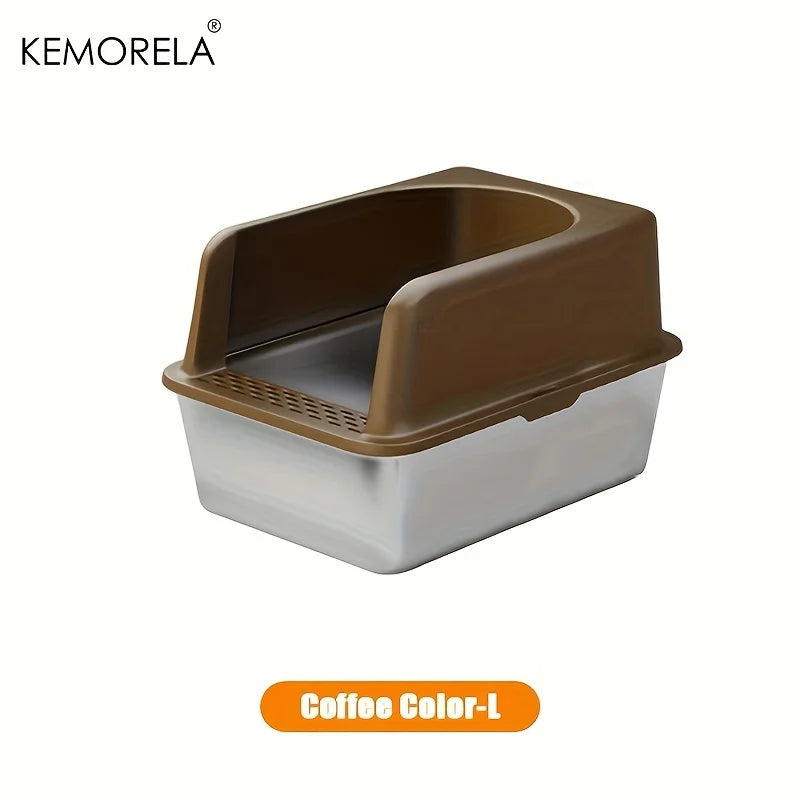 XL 60/50CM Stainless Steel Litter Box With Lid High Side Large Litter Box Suitable For Large and Small Cats Does Not Absorb Odor Coffee Color L