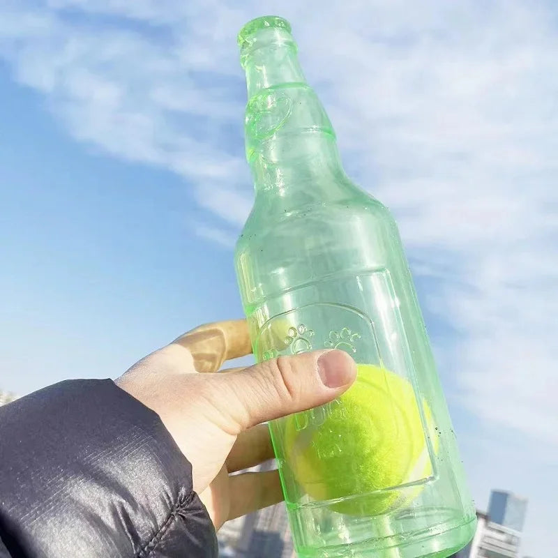 Interactive Dog Chew Toy | Squeaky Silicone Beer Bottle with Tennis Ball green