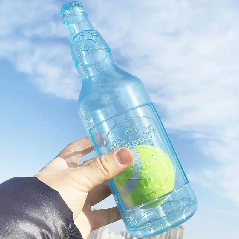 Interactive Dog Chew Toy | Squeaky Silicone Beer Bottle with Tennis Ball blue