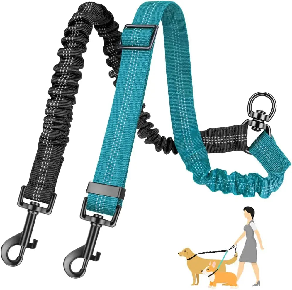Adjustable Dual Dog Leash Coupler – No-Tangle Shock-Absorbing Bungee Splitter for Two Dogs (16.5–22.4 in / 42–60 cm, Elastic to 31.5 in / 80 cm) Blue