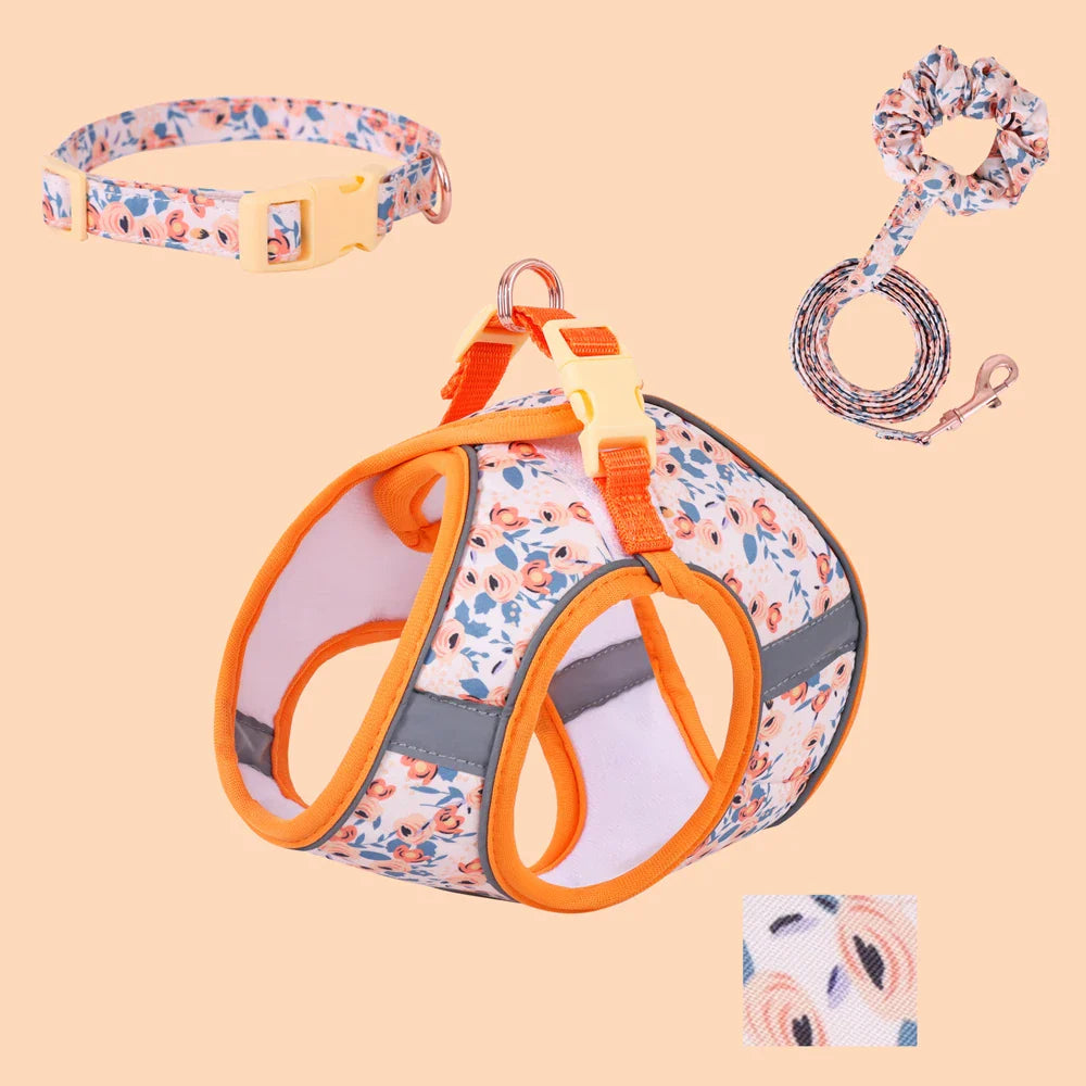 Adjustable Soft Vest Harness & Leash Set for Small & Medium Dogs & Cats – Reflective Printed Puppy Harness with Wrist Leash and Collar Orange 3-piece set