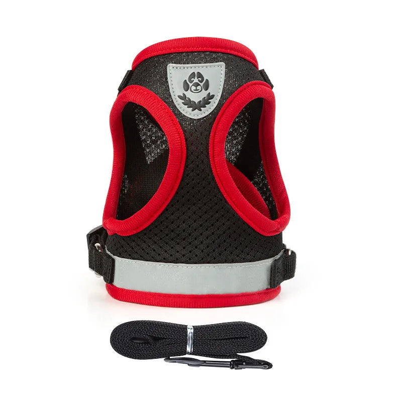 Reflective Adjustable Dog & Cat Harness Vest Set with 1.5m Leash – Breathable Mesh Puppy Kitten Harness (XS-L) Black