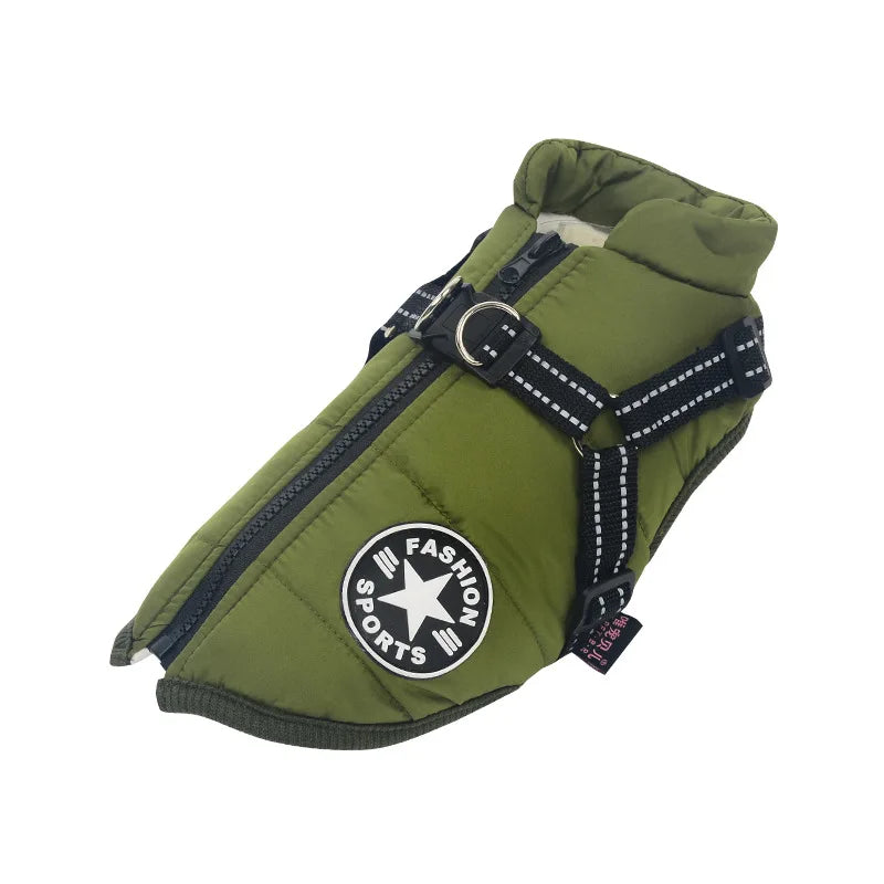 Waterproof Winter Dog Jacket with Built-In Harness, Fleece-Lined & Reflective – Warm Coat for Small to Large Breeds Green