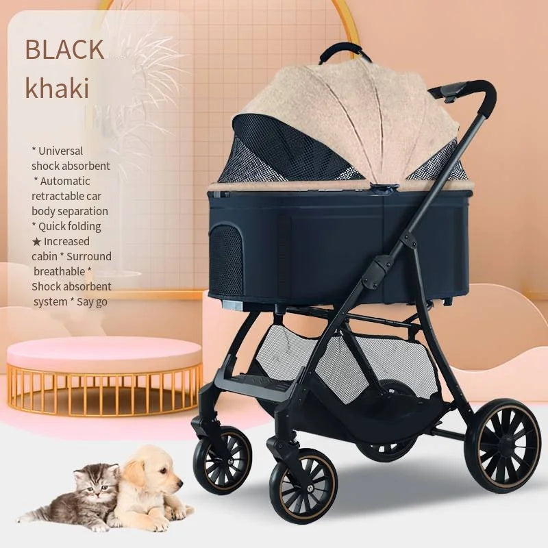 Foldable Detachable Pet Stroller for Dogs and Cats, Lightweight Small Pet Carrier Buggy Khaki China Mainland