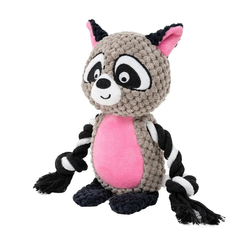 Indestructible Plush Squeaky Dog Chew Toy - Bite-Resistant Puppy Rattle for Small & Medium Dogs (7.5 x 3 in / 19 x 8 cm) - Assorted Animal Designs Raccoon